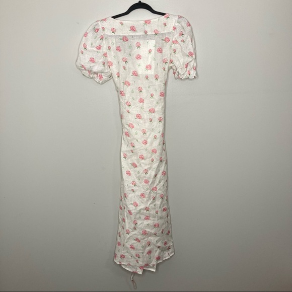 SLEEPER Marquise Linen Dress in Roses Pink White Lace Front Puff Sleeve L - Picture 5 of 9